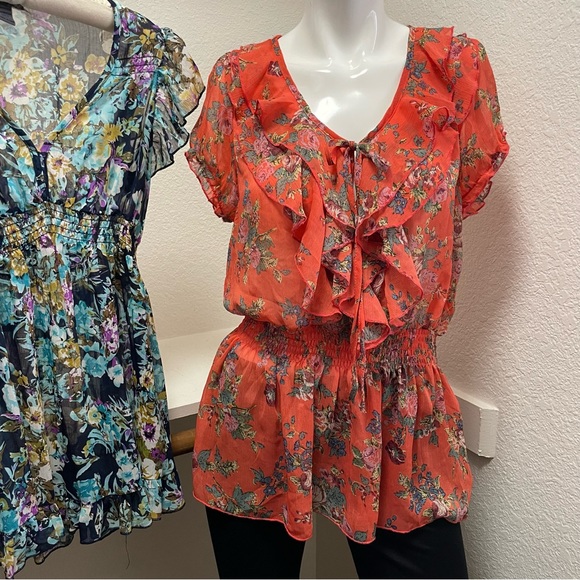 POETRY✌️2 Blouse BUNDLE Lightweight Semi Sheer Coral/Navy Floral Blouses Sz S - Picture 3 of 8